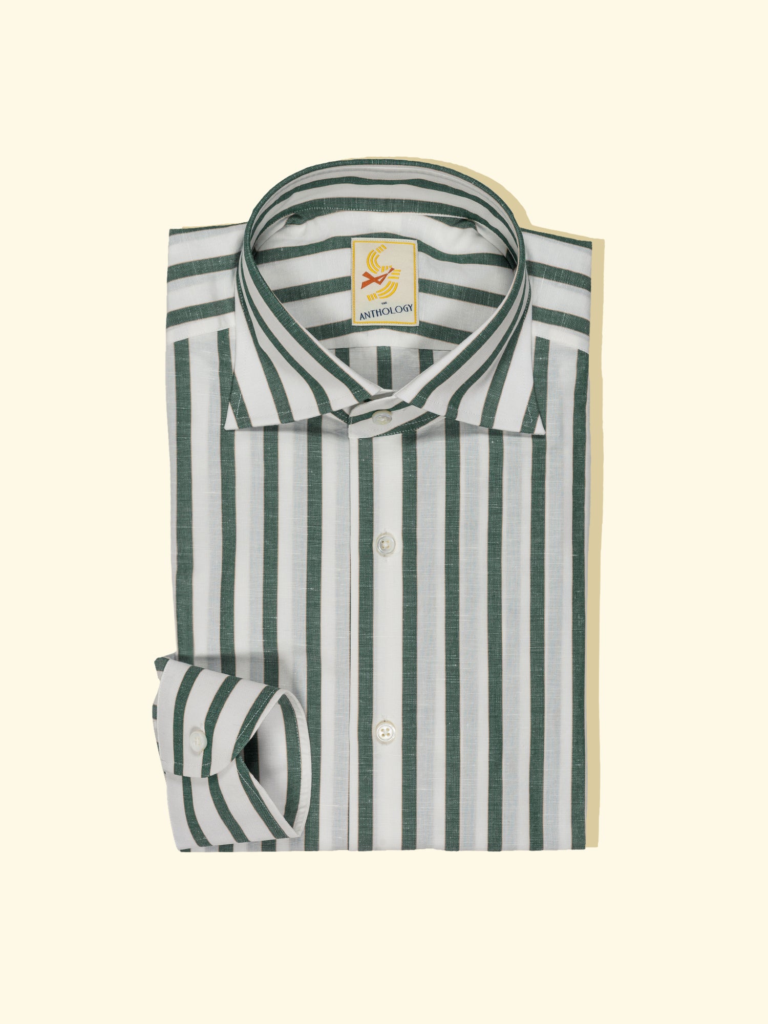 Dark Green, White and Toffee Cotton/Linen Striped Shirt — The Anthology