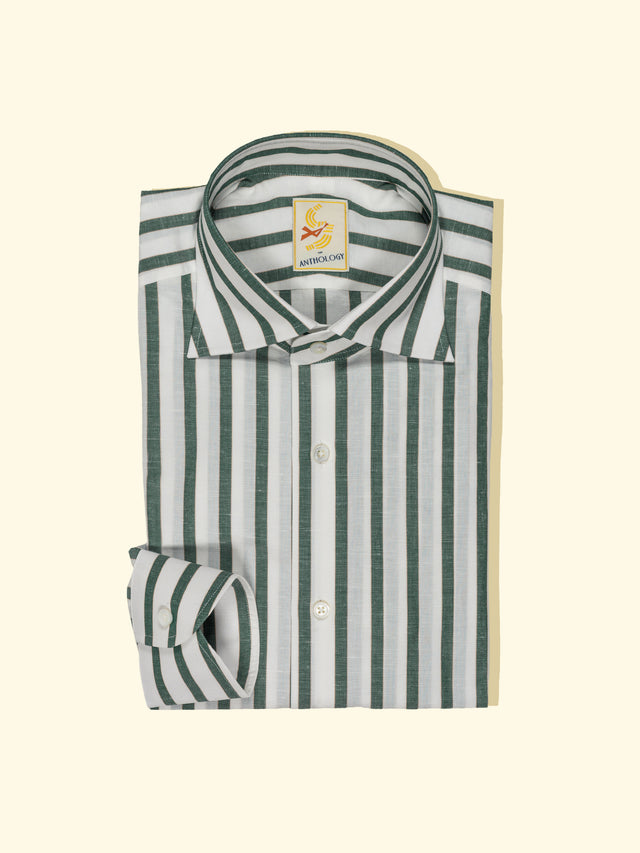 Dark Green, White and Toffee Cotton/Linen Striped Shirt — The Anthology