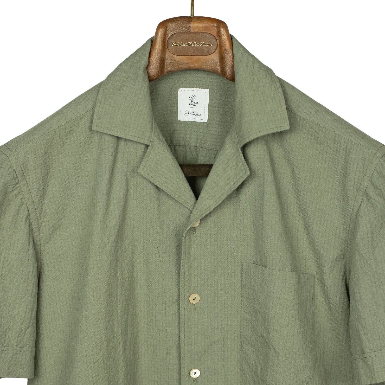Camp Collar Short Shirt Sleeve Shirt In Green Cotton Seersucker