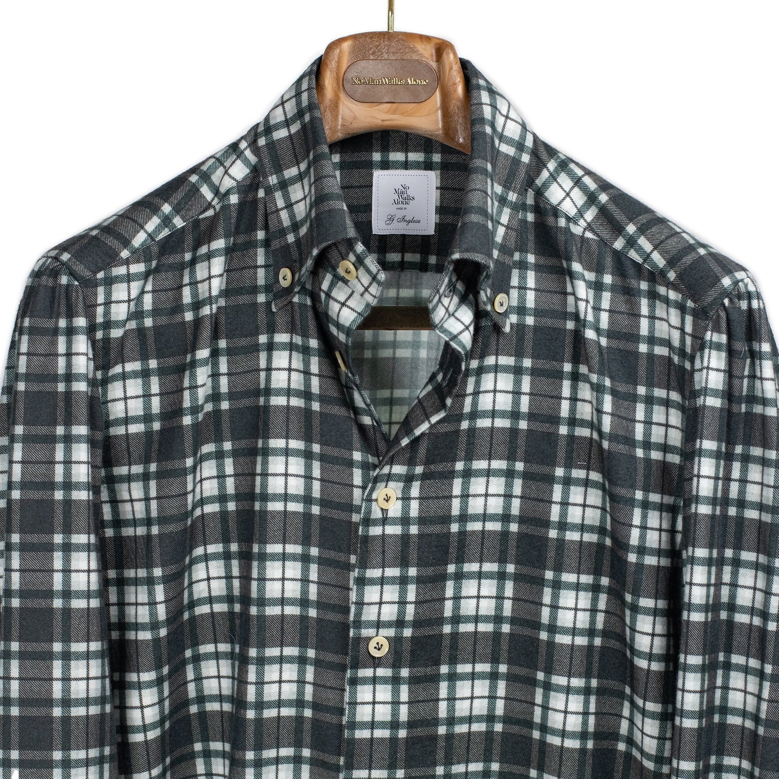 Buttoned Collar Shirt In Grey Green And White Cotton Flannel