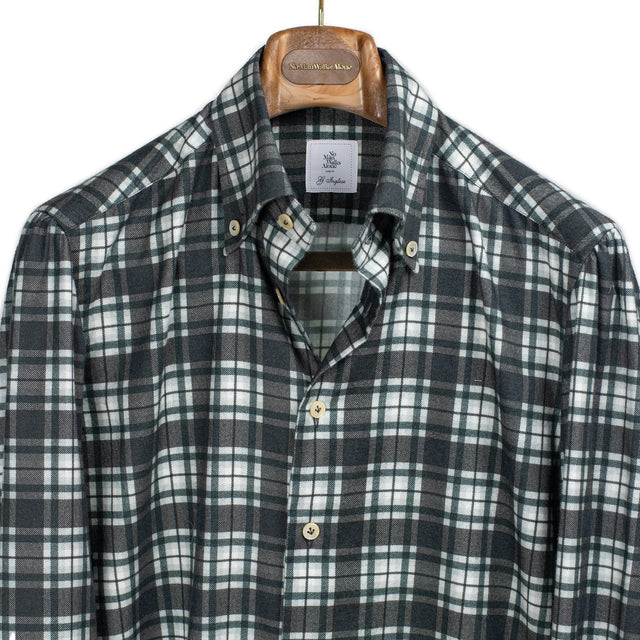 Buttoned collar shirt in brown, grey, green and white cotton flannel