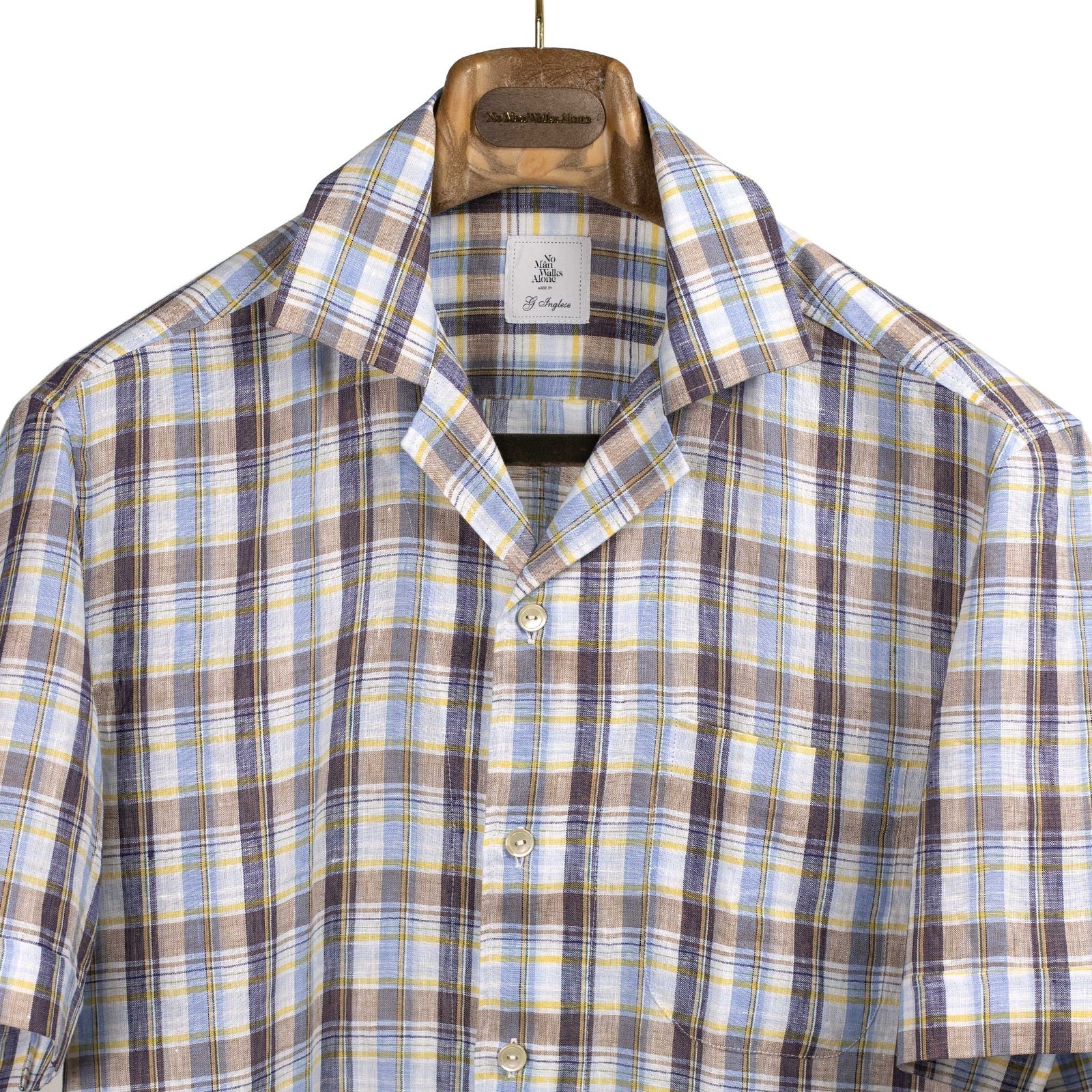 Camp Collar Short Sleeve Shirt White And Yellow Madras Check Linen
