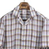 Camp collar short sleeve shirt, brown, white, and yellow Madras check linen