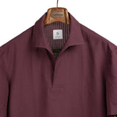Exclusive short-sleeve skipper polo, burgundy self-striped cotton/linen