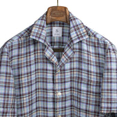 Camp collar short sleeve shirt in maroon, teal and blue Madras check linen