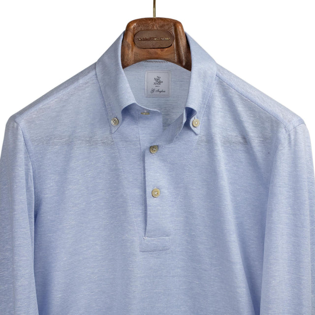 Exclusive buttoned collar long sleeve polo shirt in light blue cotton linen pique