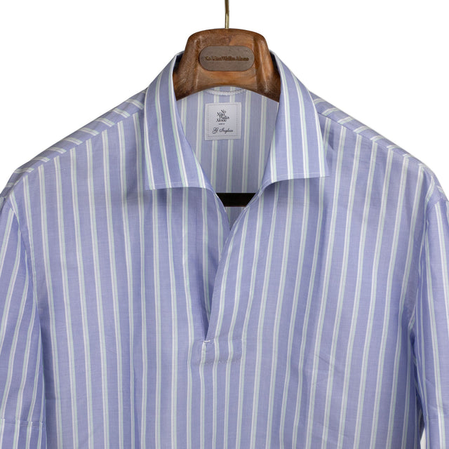 Exclusive short-sleeve skipper polo; blue, green, and white retro stripe in cotton