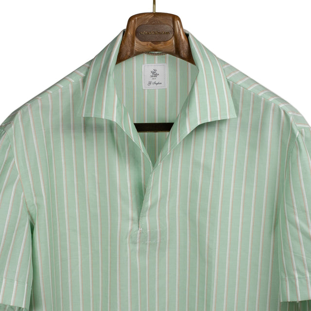 Exclusive short-sleeve skipper polo; green, tan, and white retro stripe in cotton