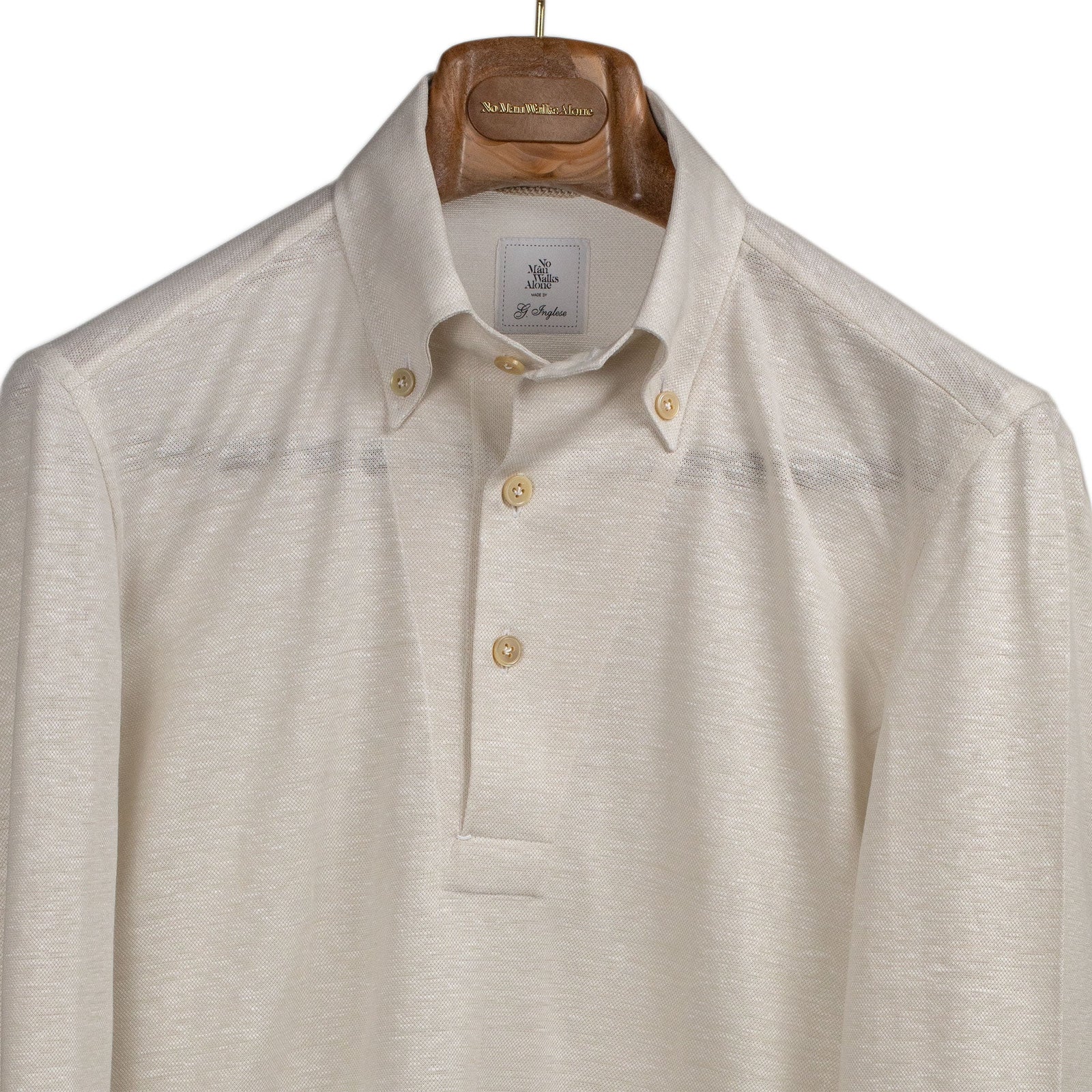 Pale Beige Cotton Linen Pique Long Sleeve Polo Shirt One Piece Button Collar