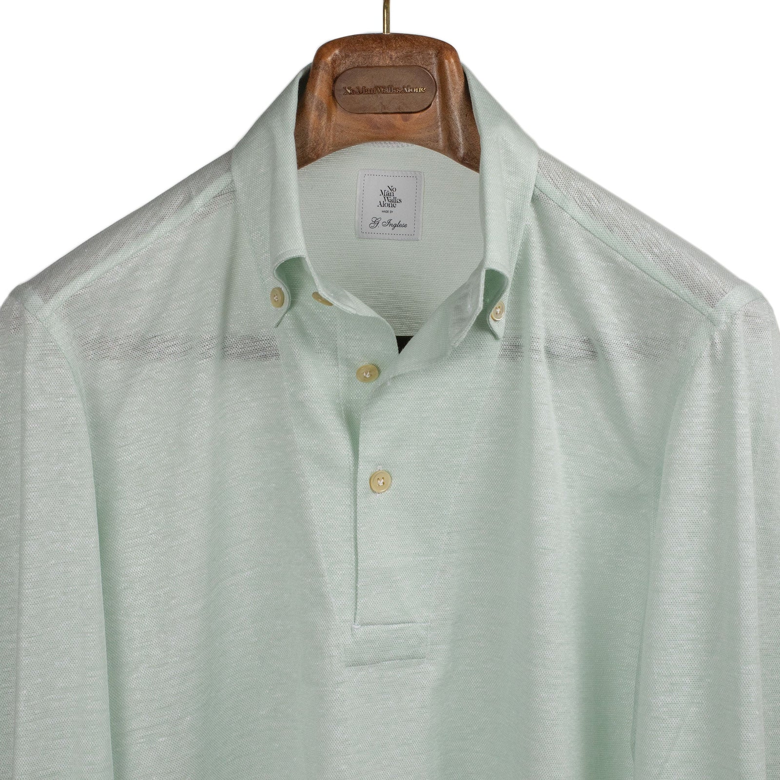 Pale Green Cotton Linen Pique Long Sleeve Polo Shirt One Piece Button Collar