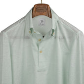Pale green cotton linen pique long sleeve polo shirt, one-piece button collar