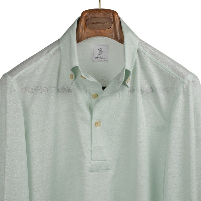 Pale green cotton linen pique long sleeve polo shirt, one-piece button collar
