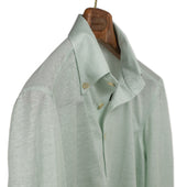 Pale Green Cotton Linen Pique Long Sleeve Polo Shirt One Piece Button Collar