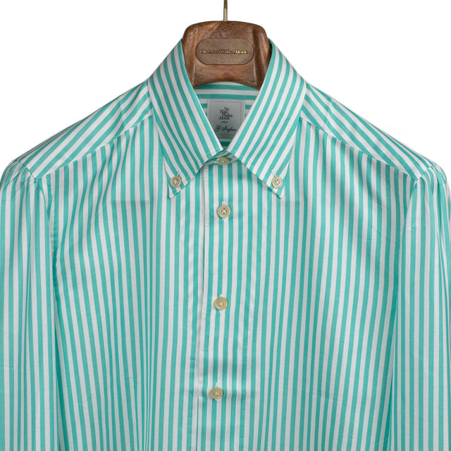 Tiffany green striped cotton shirt, Anacapri buttoned collar, beige MOP buttons