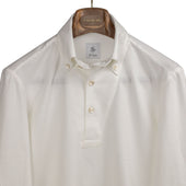White cotton hopsack long sleeve polo shirt, one-piece button collar