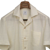 Camp collar short shirt sleeve shirt, ivory textured open-weave cotton
