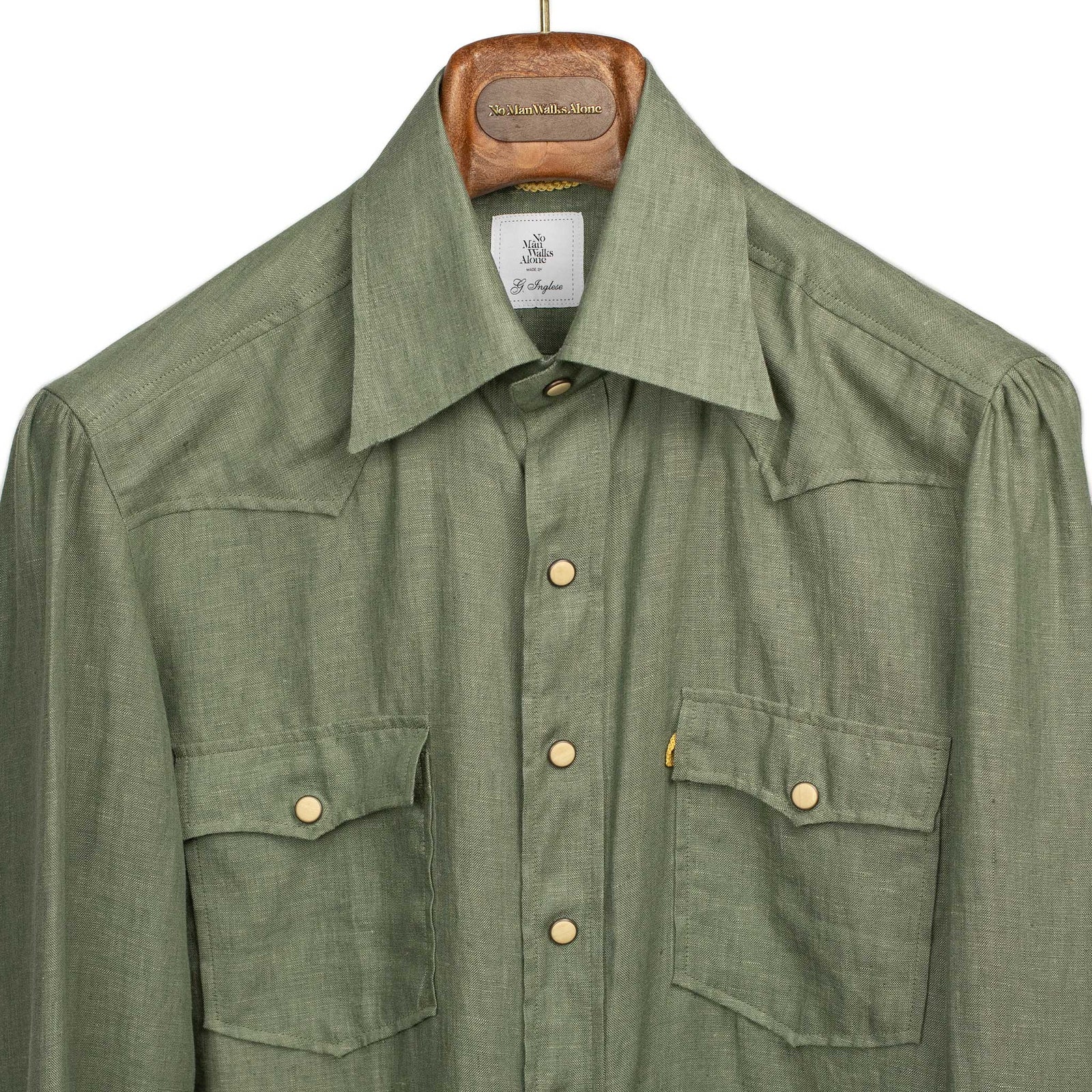 Western Shirt In Military Green Linen With Matte Ivory Snaps