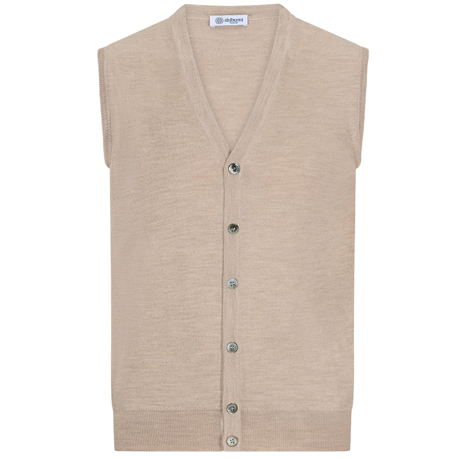 Merino Wool Sleeveless Cardigan Beige