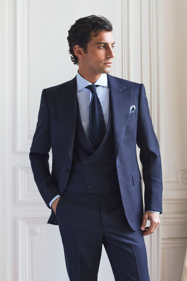 Gilet croisé bleu marine en flanelle de laine & soie