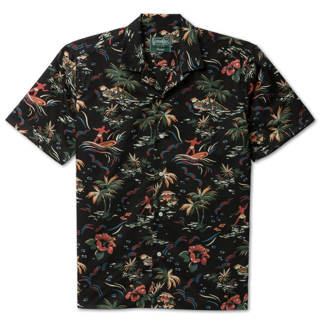 Black Hawaiian Print Camp Shirt