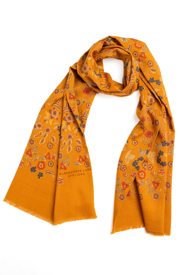 Gold Floral Wool Silk Scarf