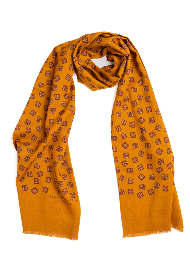 Gold Geometric Motif Wool Silk Scarf