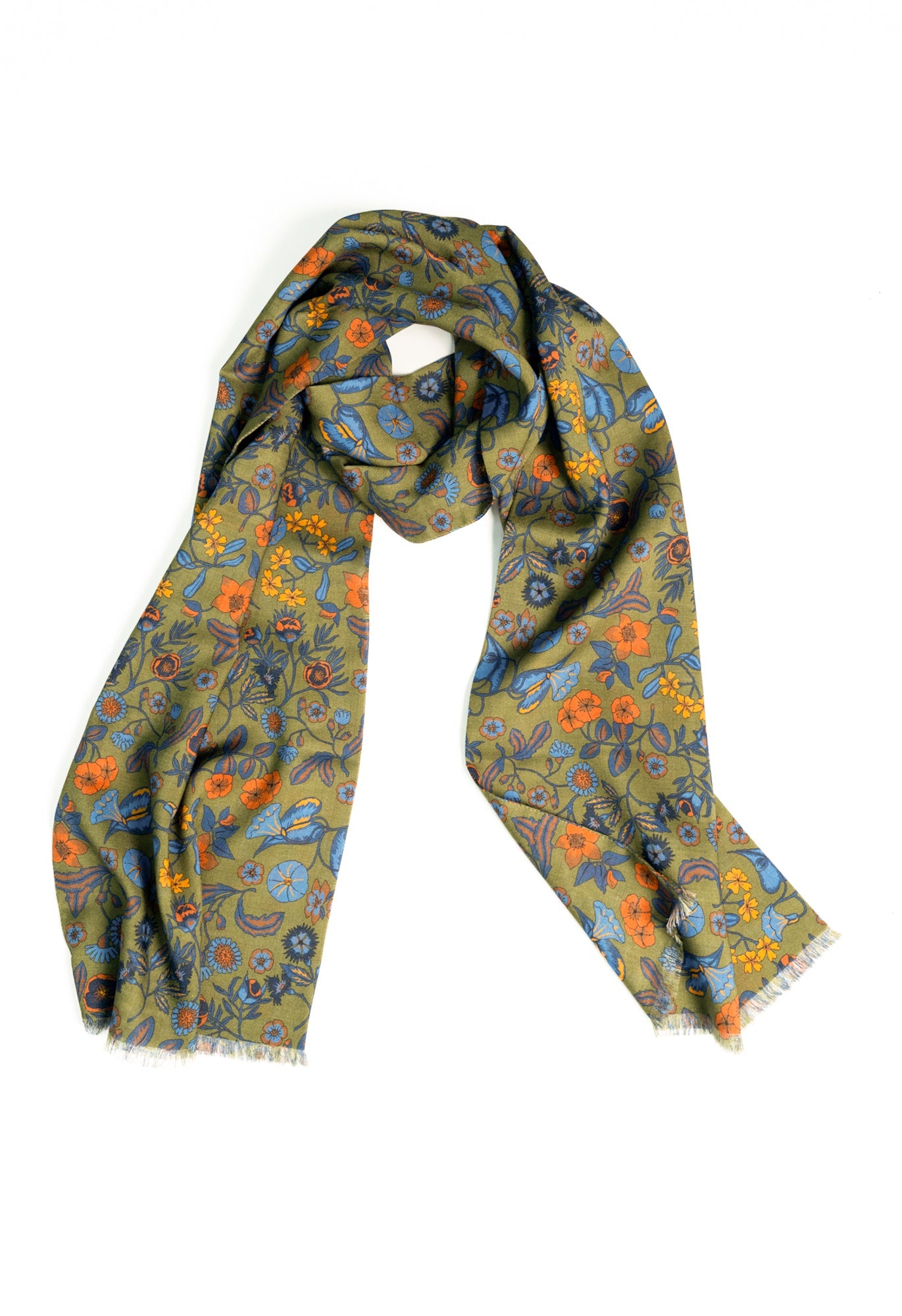 Green Floral Wool Silk Scarf
