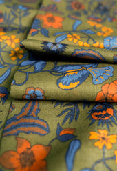 Green Floral Wool Silk Scarf