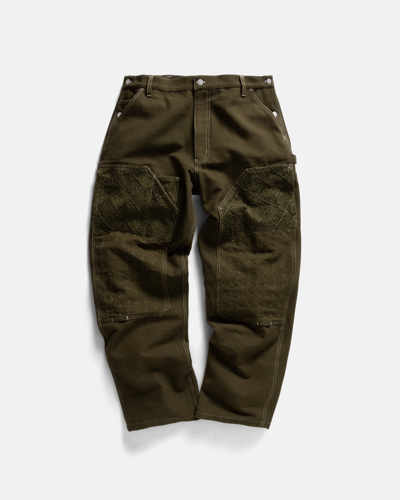 Eli Hand Embroidered Double Knee Work Pant Ivy Green Handspun Cotton Canvas