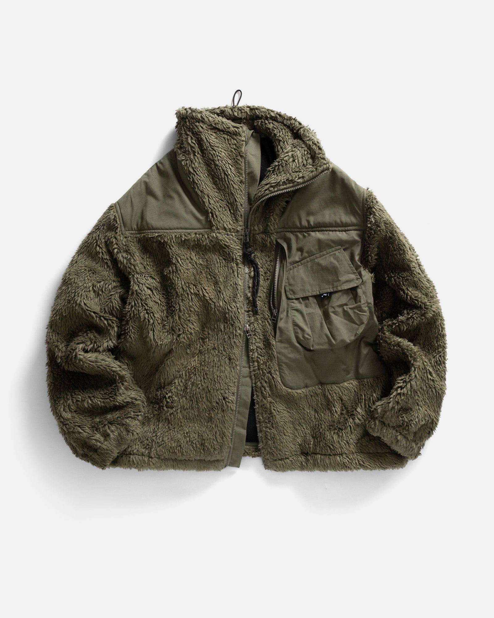 Rowan Deep Pile Field Fleece O D Green Organic Cotton Sherpa With Tonal Cotton Micro Ripstop Details