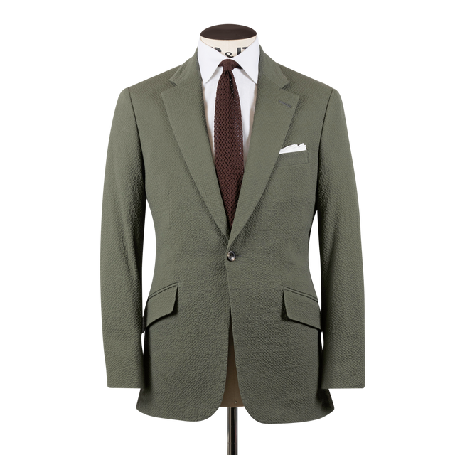 Single Breasted Notch Lapel Suit in Olive Seersucker
