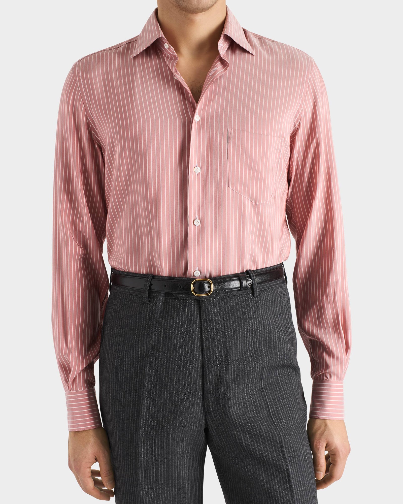 Chemise Col Classique En Popeline De Soie Corail Rayures