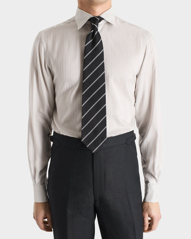 CHEMISE COL CLASSIQUE EN POPELINE DE SOIE - BLANCHE À RAYURES GRISES