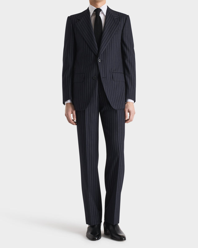 COSTUME DROIT EN SERGÉ DE LAINE - BLEU MARINE À RAYURES GRIS CLAIR