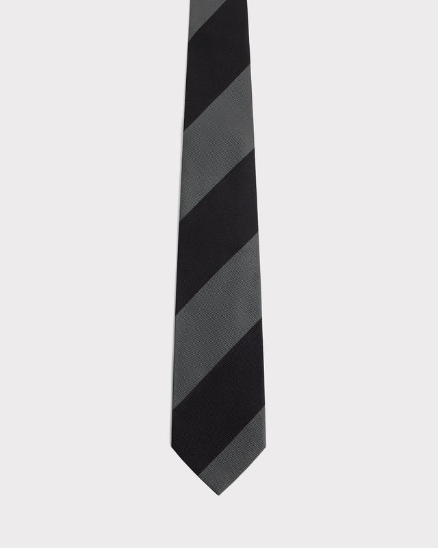 CRAVATE EN JACQUARD DE SOIE - RAYURES NOIRES ET GRISES ARDOISE