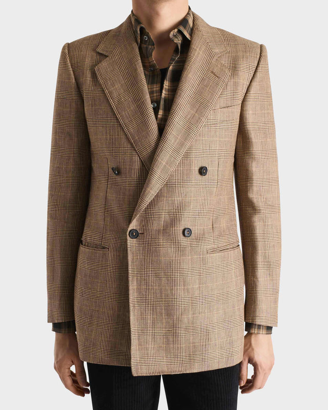 VESTE CROISÉE EN SERGÉ DE LAINE PEIGNÉE ET LIN - CAMEL ET MARRON PRINCE DE GALLES