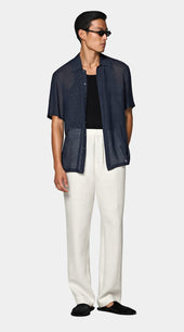 Navy Viscose Linen Short Sleeve Shirt