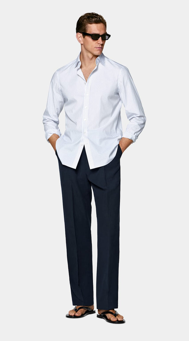 Mid Blue Striped Classic Collar Shirt