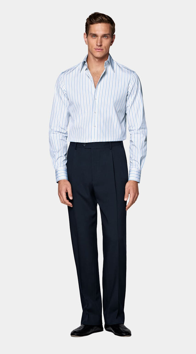 Mid Blue Striped Point Collar Shirt