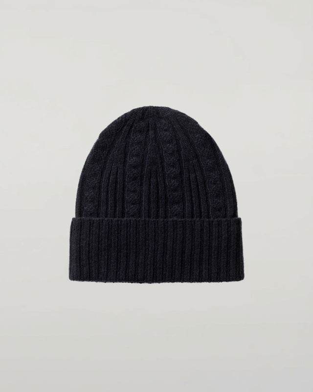 Cable & Rib Dark Navy Cashmere Beanie