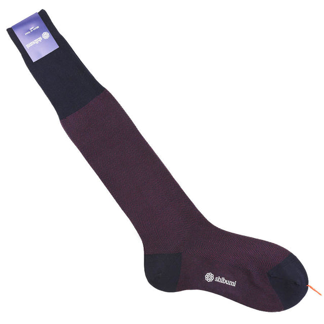 Knee Socks - Herringbone - Burgundy - Pure Cotton