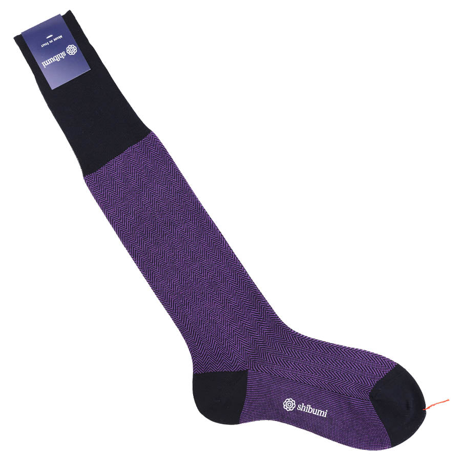 Knee Socks Herringbone Purple Pure Cotton