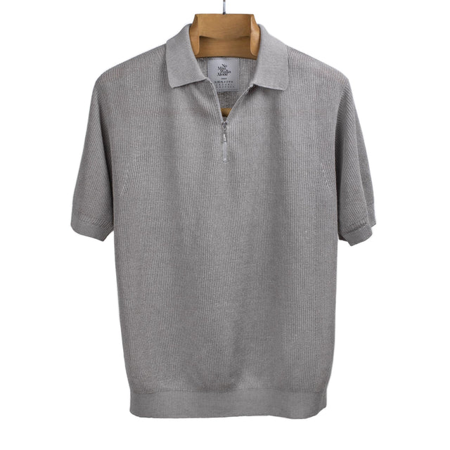 Half-zip short sleeve polo in light grey ribbed French linen