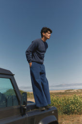 Harley of Scotland Mens Seamless Saddle Shoulder Shetland Sweater - Denim Blue