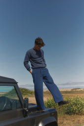 Harley of Scotland Mens Seamless Saddle Shoulder Shetland Sweater - Denim Blue