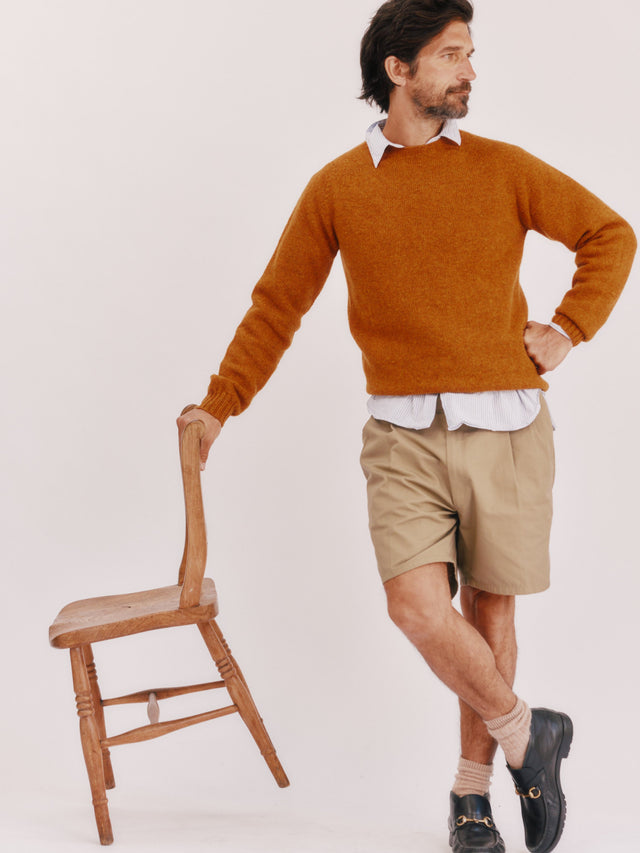 Harley of Scotland Mens Seamless Saddle Shoulder Shetland Sweater - Amber (Vintage Orange)