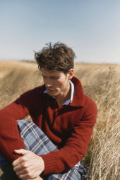 Harley of Scotland Mens Shetland Eton Collar Sweater - Bordeaux Mix Burgundy