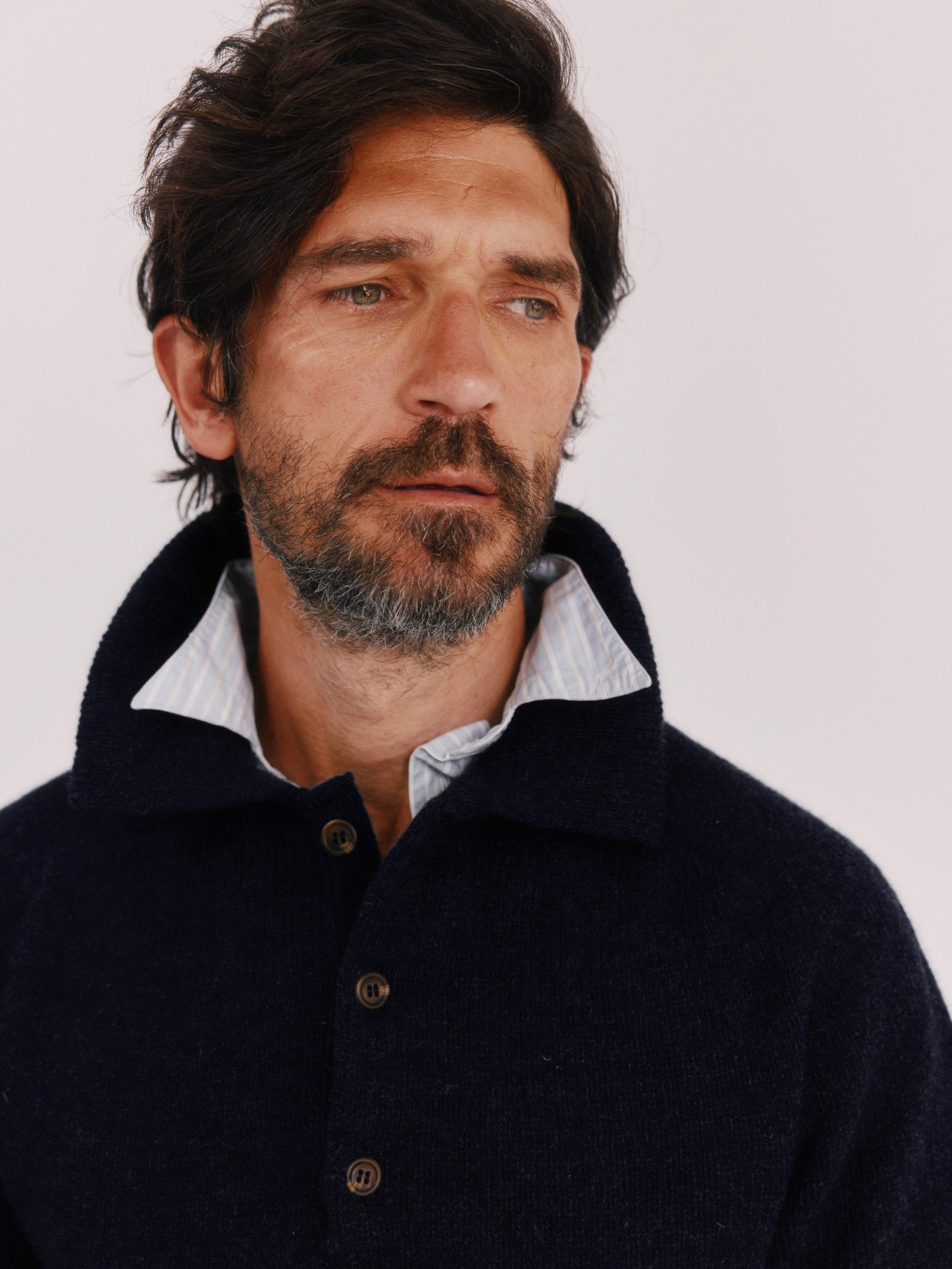 Harley of Scotland Mens Shetland Eton Collar Sweater - Navy