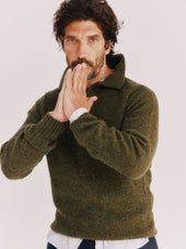 Harley of Scotland Mens Shetland Eton Collar Sweater - Pineshadow Green