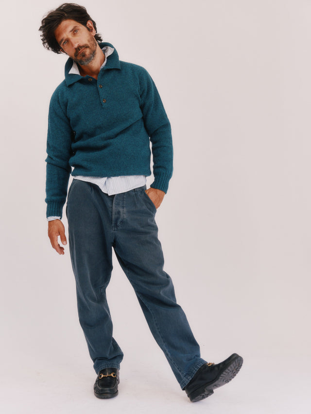 Harley of Scotland Mens Shetland Eton Collar Sweater - Storm Dark Teal